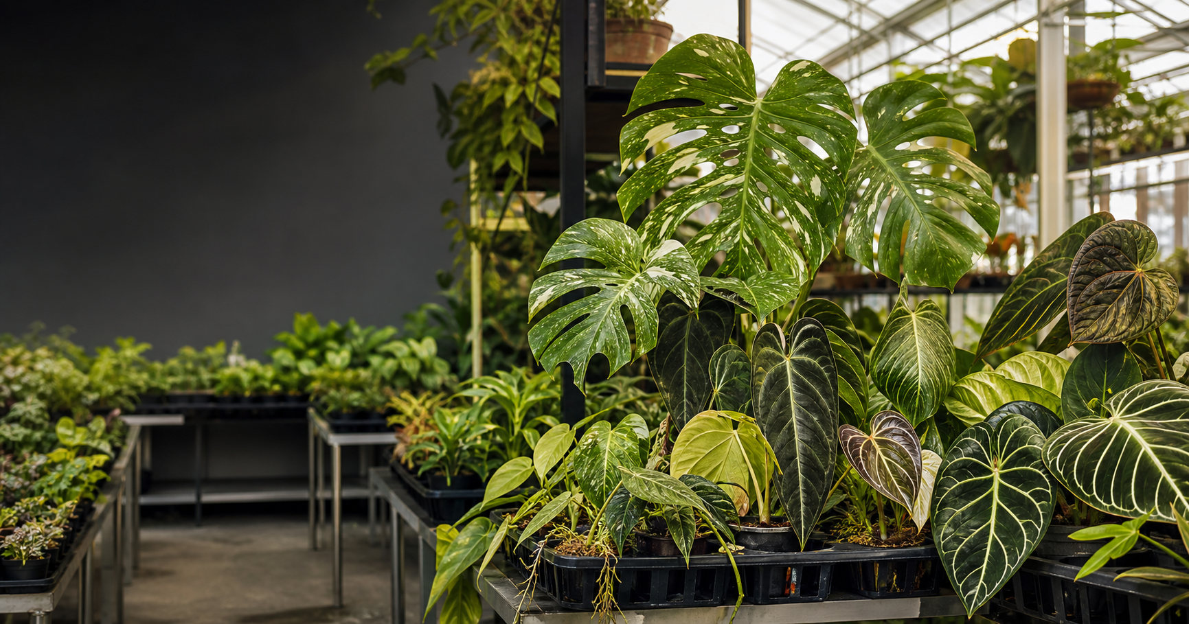 Rare tropical plants in a bright nursery greenhouse